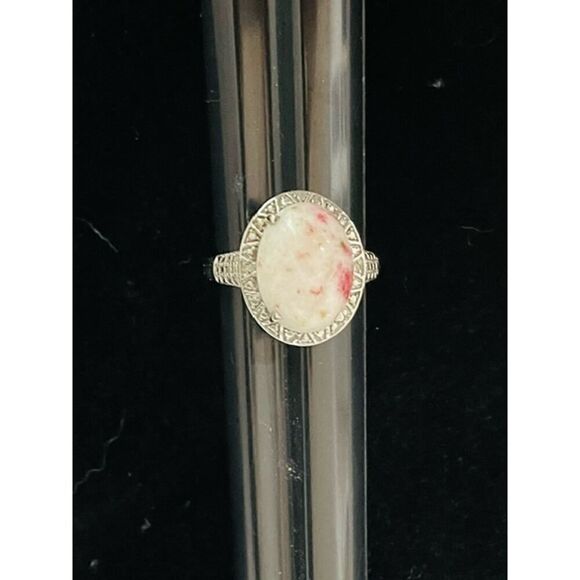 HSN Ring Large Pink and White Marble Stone Size 10 925 Sterling Silver - Picture 1 of 4